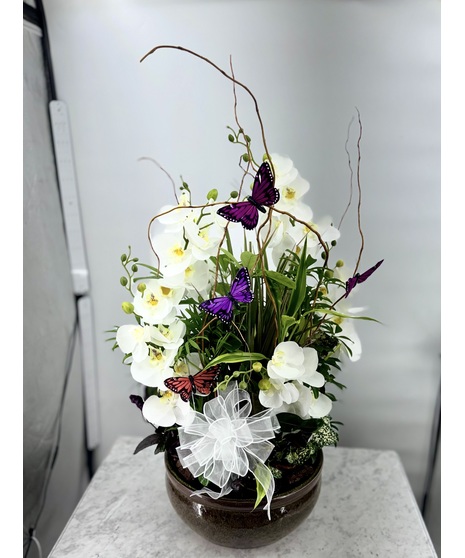 Large Dish Garden with Silk Orchids