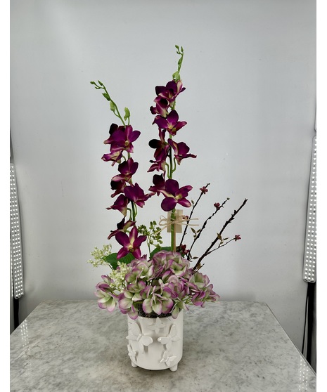 Silk Orchid Hydrangea in Cermaic Butterfly Container