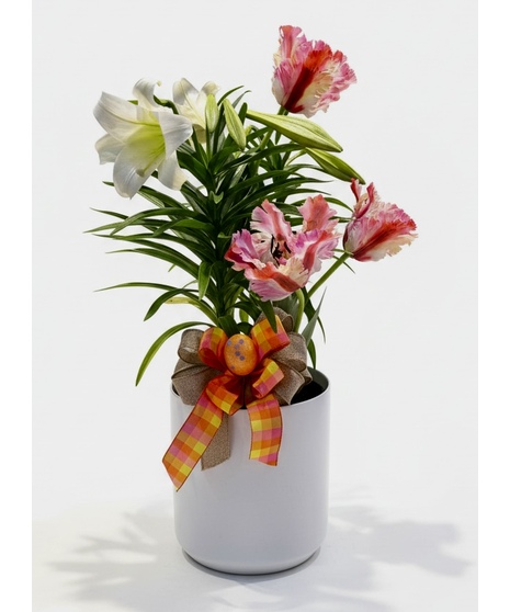 Double Easter Lily with Silk Tulips in a ceramic