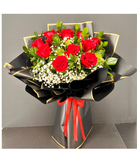 12 Red Premium Wrapped Roses Tied bouquet