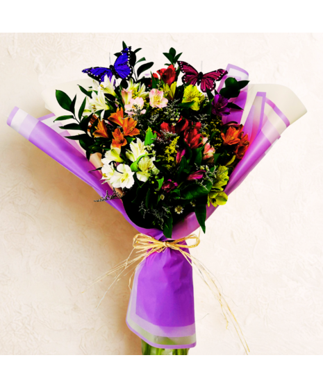 Alstro & Butterflies Premium Wrap Tied Bouquet
