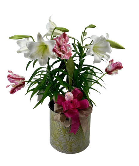 Easter Lily with Leaf print container & silk tulips