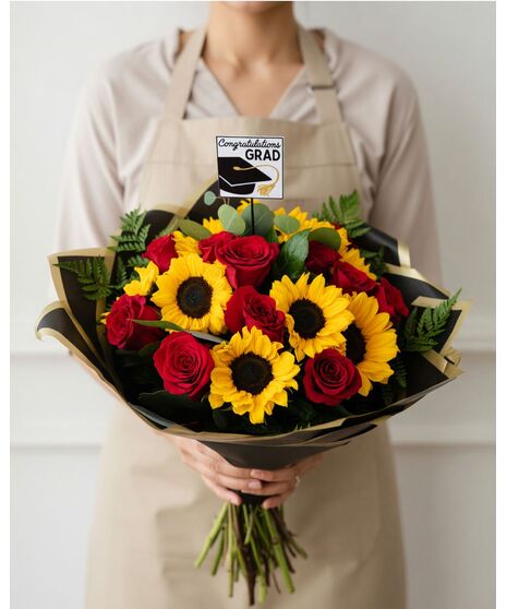 Handheld 12 Red long stem roses & Sunflowers  for Graduation
