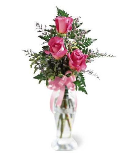 3 roses in a bud vase pink