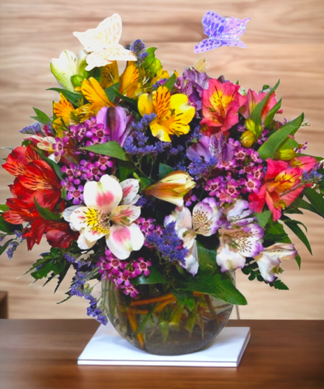 Beautiful alstroemeria accented with Australian wax flower and playful butterflies.