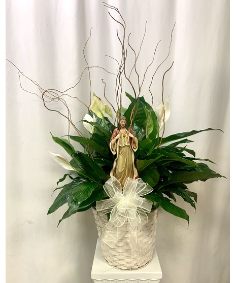 Peace Lily with Religious Statue