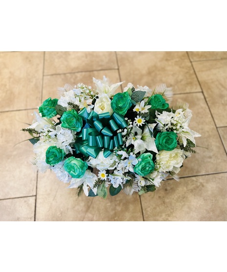 Green and white  Pillow in Silk Flowers