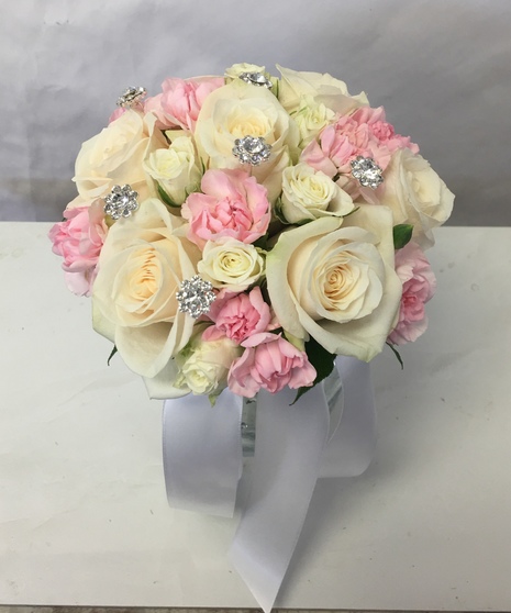 Fresh White Roses with Pink Mini Carns & Rhinestone