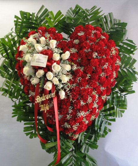 Red and White Heart Shaped Funeral Flowers