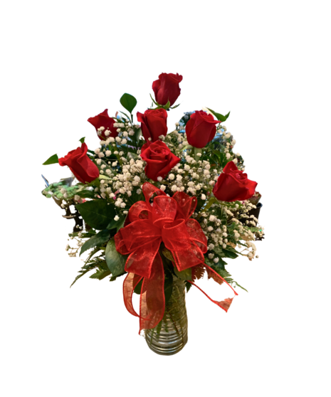 seven roses in a vase