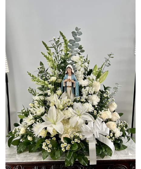 All White Blessed Mother Table Arrangement