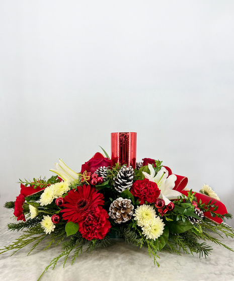 red and white flowers in centerpiece