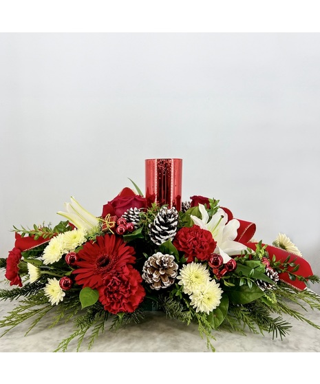 red and white flowers in centerpiece