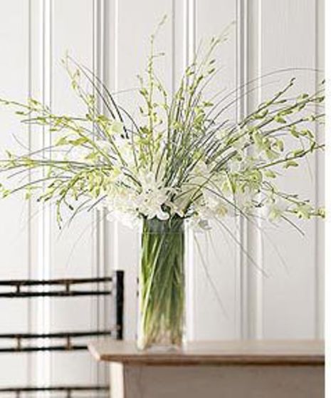Twelve dendrobium orchid stalks paired with bear grass in a tall glass vase